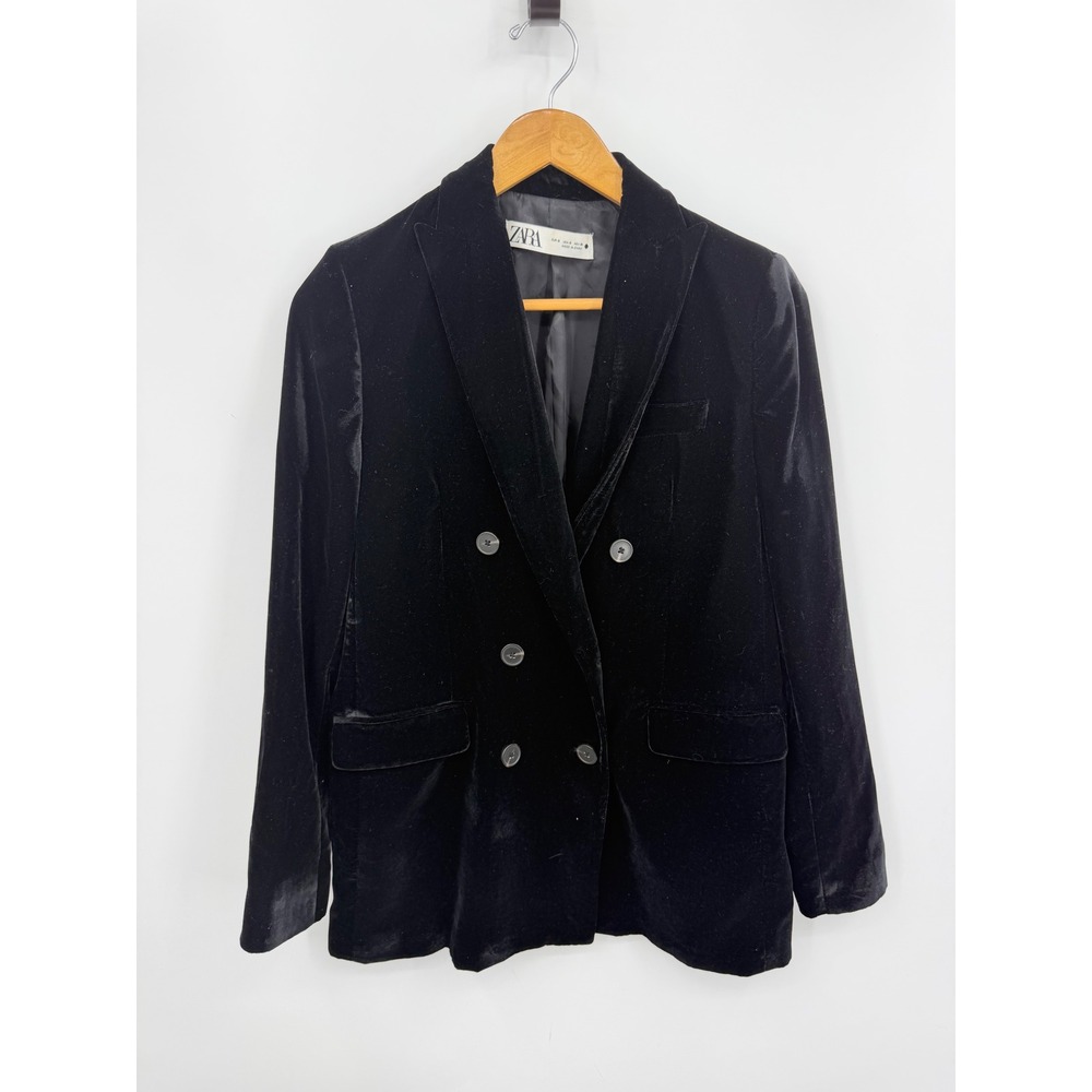 ZARA Velvet Double Breasted Blazer Women Size S Black Shawl Lapel Evening Jacket